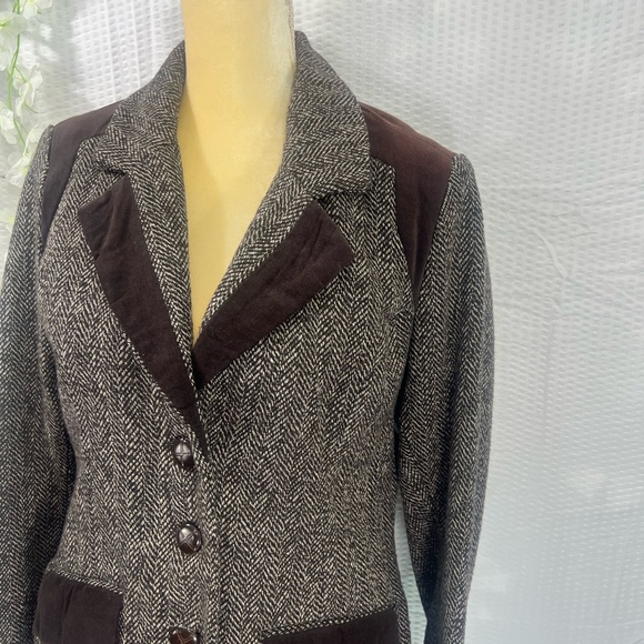 Women's Tweed Blazer Size Medium Brown Herringbone VELVETEEN Trim Dollhouse - Picture 5 of 14